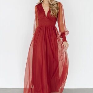 NWT Baltic Born Red Long Sleeve V-Neck Gown Layla Tulle Maxi Dress - Terracotta
